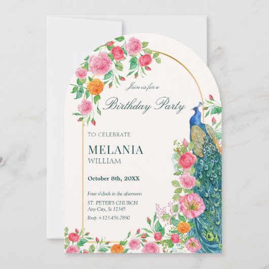 Invitation Anniversaire de paon floral (Devant)