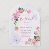 Invitation Anniversaire de papillon rose violet (Devant / Derrière)