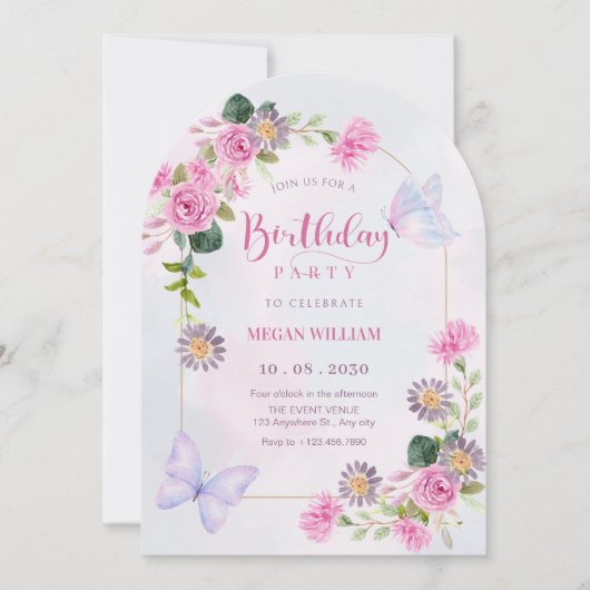 Invitation Anniversaire de papillon rose violet (Devant)