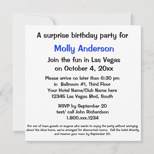 Invitation Anniversaire de partie de Las Vegas 30ème (Dos)