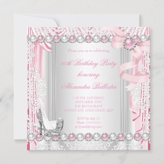 Invitation Anniversaire de Pearl Bow en argent rose (Devant)