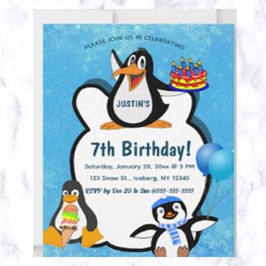 Invitation Anniversaire de Pengouins éditable dans la Neige