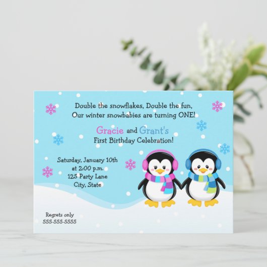 Invitation Anniversaire de Penguin Twins, Garçon/F (Debout devant)