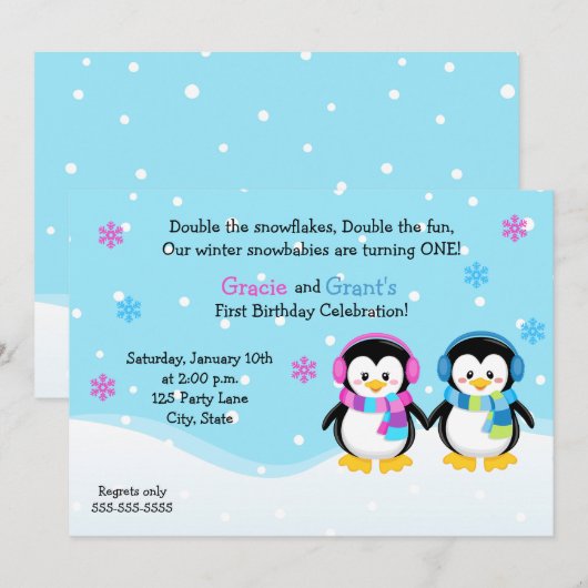 Invitation Anniversaire de Penguin Twins, Garçon/F (Devant / Derrière)