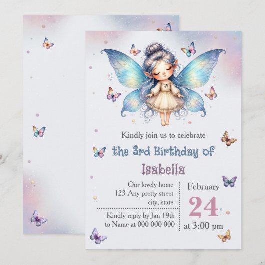 Invitation Anniversaire de petite fée adorable (Devant / Derrière)