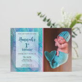 Invitation Anniversaire de photo de bébé de motif de queue de (Debout devant)