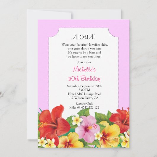 Invitation Anniversaire de Pink Aloha Luau (Devant)