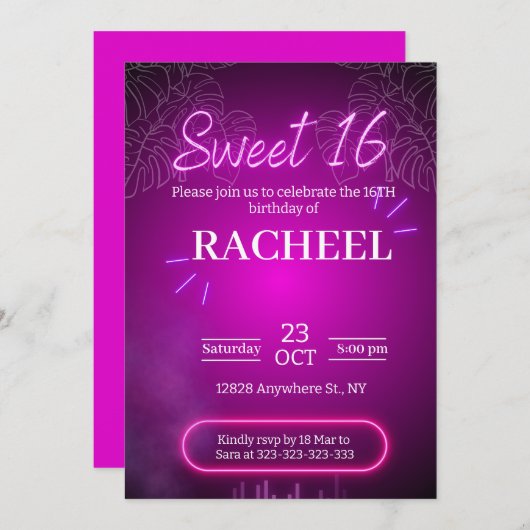 Invitation Anniversaire de Pink Neon (Devant / Derrière)