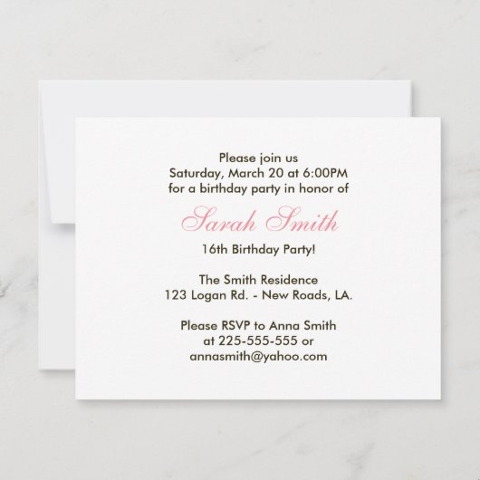 Invitation Anniversaire de Pink Zebra (Dos)