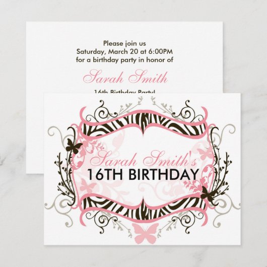 Invitation Anniversaire de Pink Zebra (Devant / Derrière)