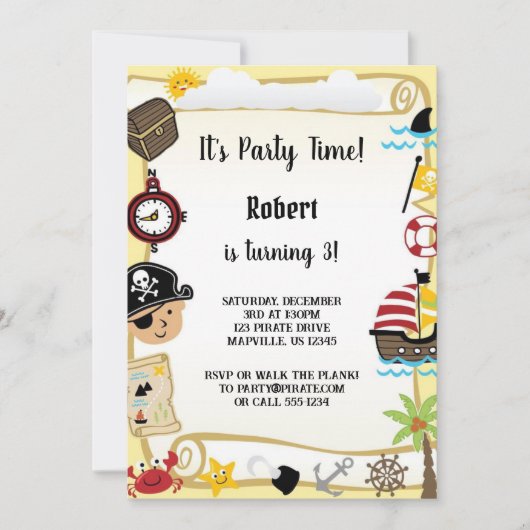 Invitation anniversaire de pirate jaune pour garçon (Devant)