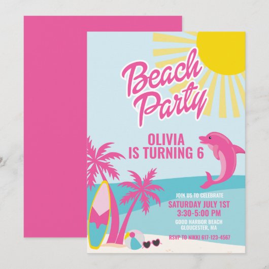Invitation Anniversaire de plage rose à Malibu (Devant / Derrière)