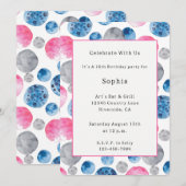 Invitation Anniversaire de points rose bleu gris fantaisiste (Devant / Derrière)