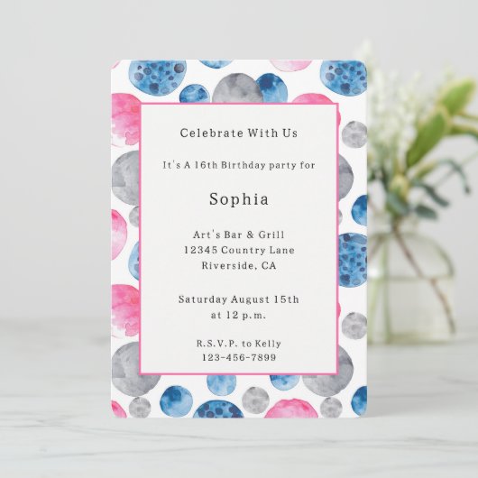 Invitation Anniversaire de points rose bleu gris fantaisiste (Debout devant)
