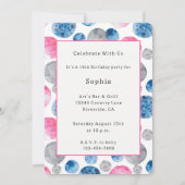 Invitation Anniversaire de points rose bleu gris fantaisiste (Devant)