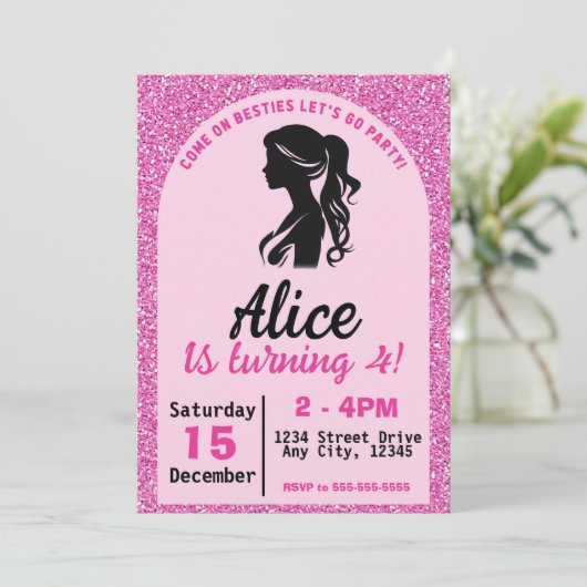 Invitation Anniversaire de poupée rose (Debout devant)