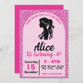 Invitation Anniversaire de poupée rose (Devant / Derrière)