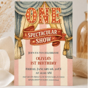 Invitation Anniversaire de premier âge cirque rose vintage