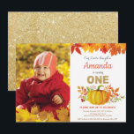 Invitation Anniversaire de premier anniversaire automne citro<br><div class="desc">Invitation de premier anniversaire d'automne citrouille avec photo personnalisée. Invitation de fête d'anniversaire d'automne. Paillettes dorées. Fête d'anniversaire pour garçon ou fille. Rose, orange et or. Invitation pour 1er premier anniversaire. Pour une personnalisation plus poussée, veuillez cliquer sur le bouton "Personnaliser" et utiliser notre outil de conception pour modifier ce...</div>