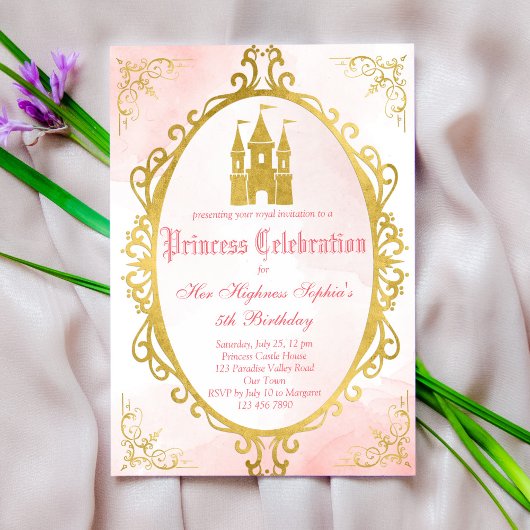 Invitation Anniversaire de princesse à cadre rose et or