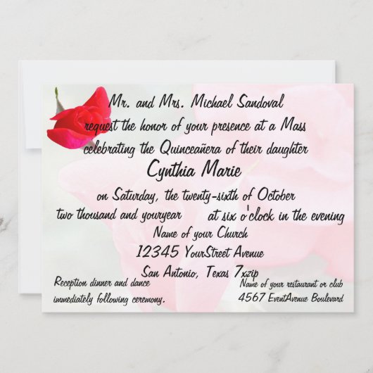 Invitation Anniversaire de Quinceanera de rose assez rouge (Devant)