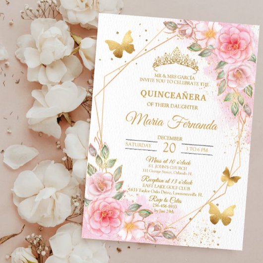 Invitation Anniversaire de Quinceañera en rose et or
