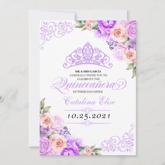 Invitation Anniversaire de Quinceanera florale rose et violet (Devant)