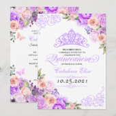 Invitation Anniversaire de Quinceanera florale rose et violet (Devant / Derrière)