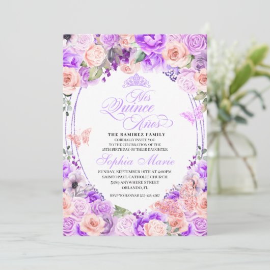 Invitation Anniversaire de Quinceanera florale rose et violet (Debout devant)