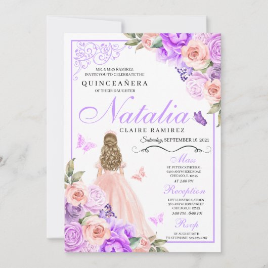 Invitation Anniversaire de Quinceanera florale rose et violet (Devant)