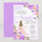 Invitation Anniversaire de Quinceanera florale rose et violet (Devant / Derrière)