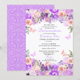 Invitation Anniversaire de Quinceanera florale rose et violet
