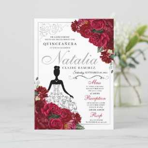 Invitation Anniversaire de Quinceanera florale rouge et argen