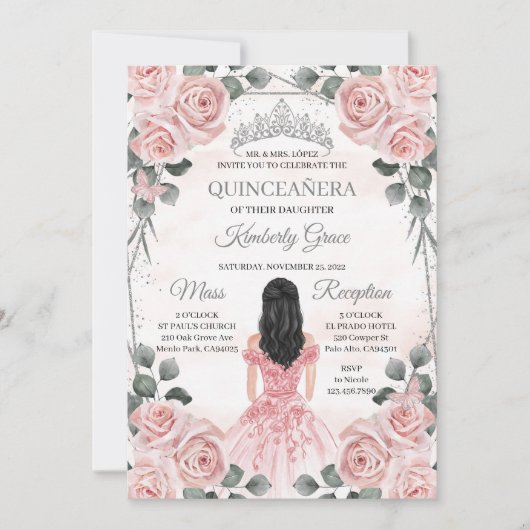 Invitation Anniversaire de Quinceanera, princesse rose et gri (Devant)