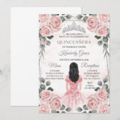 Invitation Anniversaire de Quinceanera, princesse rose et gri (Devant / Derrière)