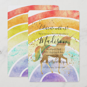 Invitation Anniversaire de Rainbow Unicorn Dream Gold Confett