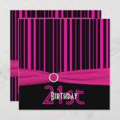 Invitation Anniversaire de rayure rose et noire de RUBAN (Devant / Derrière)