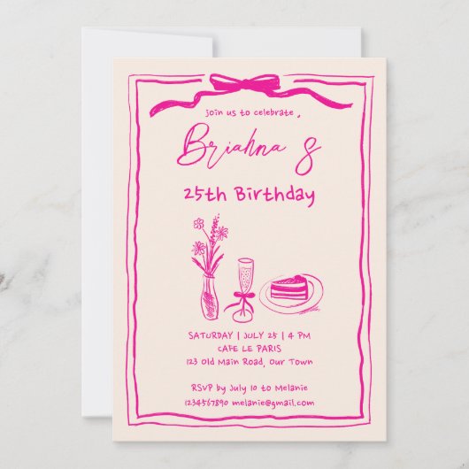 Invitation Anniversaire de ruban rose rétro dessiné main (Devant)