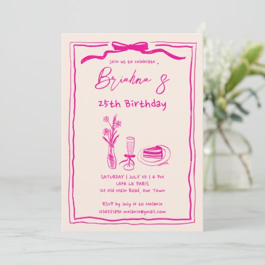 Invitation Anniversaire de ruban rose rétro dessiné main (Debout devant)