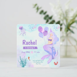 Invitation Anniversaire de Sirène à l'aquarelle Rose et Viole