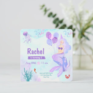 Invitation Anniversaire de Sirène à l'aquarelle Rose et Viole