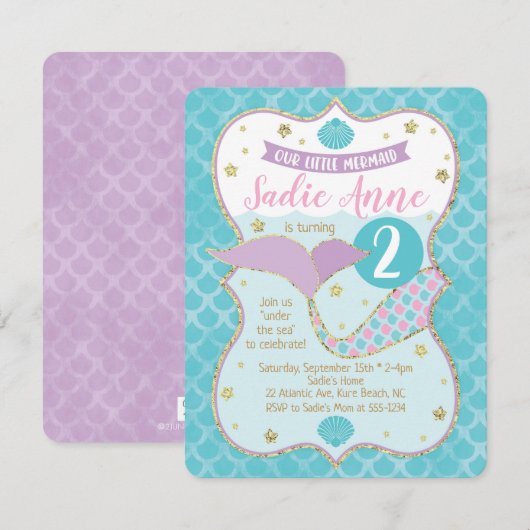 Invitation Anniversaire de sirène magique violet et turquoise (Devant / Derrière)