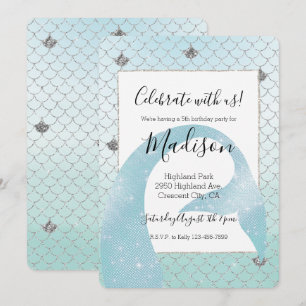 Invitation Anniversaire de Sirène Paillettes Argent Ombré Ble