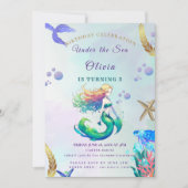 Invitation Anniversaire de sirène pourpre et or sous la mer (Devant)