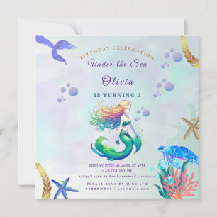 Invitation Anniversaire de sirène pourpre et or sous la mer