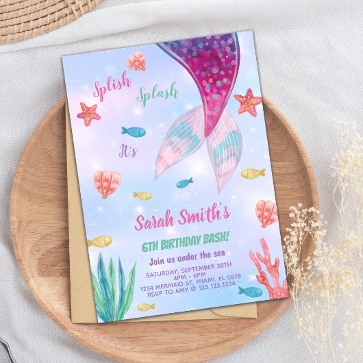 Invitation Anniversaire de sirène rose foncé personnalisable