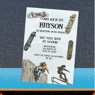 Invitation Anniversaire de skateboard avec planches de skateb