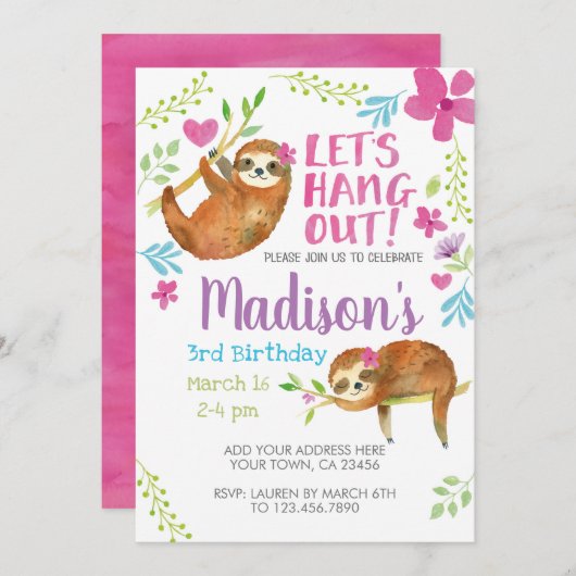 Invitation Anniversaire de Sloth (Devant / Derrière)
