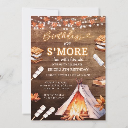 Invitation Anniversaire de S'mores Fun Campfire Fête d'Automn (Devant)