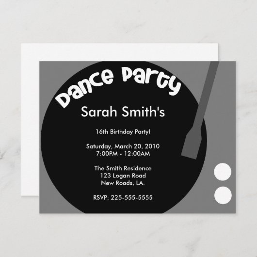 Invitation Anniversaire de soirée dansante (Devant / Derrière)